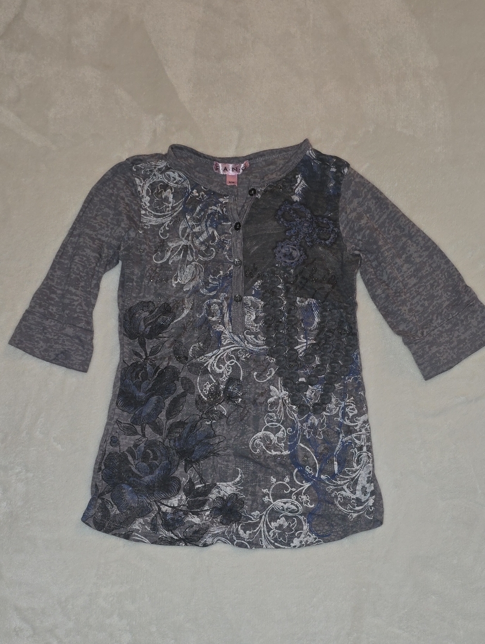 FANG Girls' Gray & Blue Floral Henley Long Sleeve Tee